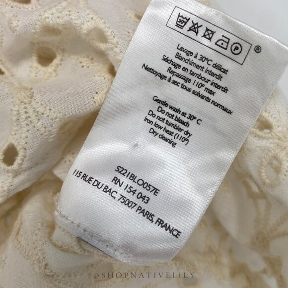 Sézane Women's Eyelet Ruffle V-Neck Gold Blouse Tank | 38 (US 6) | Ecru (Cream) - Picture 11 of 12